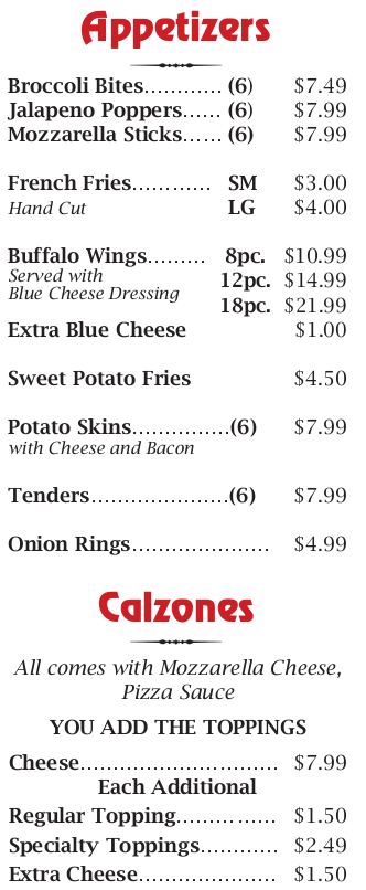 Appetizers and Calzones To Go