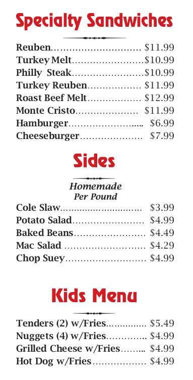 Specialty Sanwiches Sides and Kids Menu